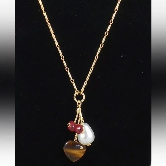 COACH Gold-Tone Charm Pendant Necklace with Cherry, Faux Pearl & Tiger Eye Heart